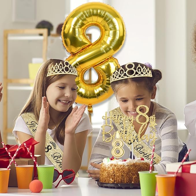 8th Birthday Decorations for Girl with 8th Birthday Sash and Tiara, Candles and Cake Topper, Number Balloons, 8 Year Old Girl Gifts