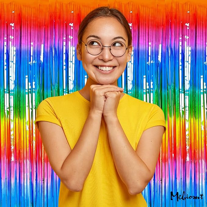 4 Pack Dark Rainbow Fringe Curtain Backdrop, 3.2Ft x 9.8Ft Metallic Tinsel Foil Fringe Streamers Background for Photo Booth Birthday Wedding Baby Shower Carnival Easter Mother’s Day Party Decorations