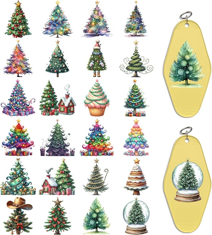 UV DTF Keychain Sticker,48 Sheets Cute Christmas Tree Transfer Stickers Suitable for Hotel Keys,and Crafts Decoration