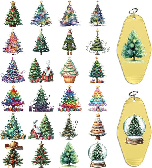 UV DTF Keychain Sticker,48 Sheets Cute Christmas Tree Transfer Stickers Suitable for Hotel Keys,and Crafts Decoration