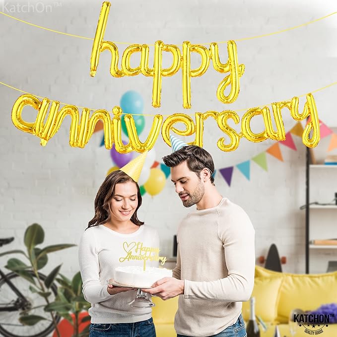 KatchOn Gold Anniversary Balloons - 16 Inch, Shiny 'Happy' Banner & Foil Balloons