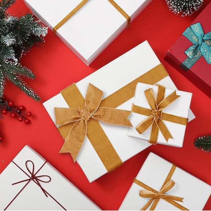 Yilloog 3/8'' 1'' 2'' 90 Yards Christmas Velvet Ribbon Vintage Satin Fabric Velvet Ribbon Roll for Christmas Tree Ornaments Decoration Gift Wrapping Bow DIY Crafts (Khaki)