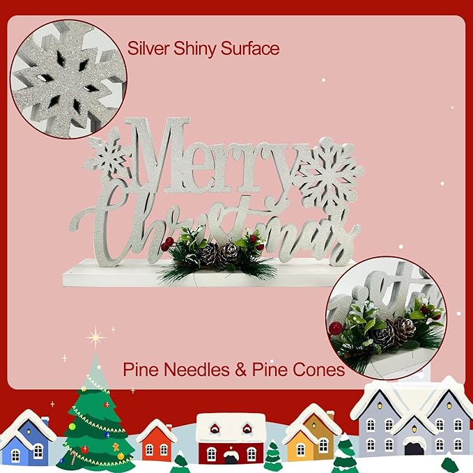 Christmas Decorations Merry Christmas Decor Snowflake Silver Shining Sign Farmhouse Wooden Winter Rustic Decor Vintage Holiday Block Tabletop for Home Kitchen Xmas