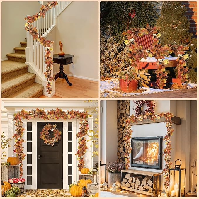 Artgar Fall Garland - 6 Ft Maple Leaf Pumpkin Berry Garland - Fall Decor Garlands with 30 Warming Lights for Thanksgiving Halloween Mantel Table Indoor Outdoor Decor