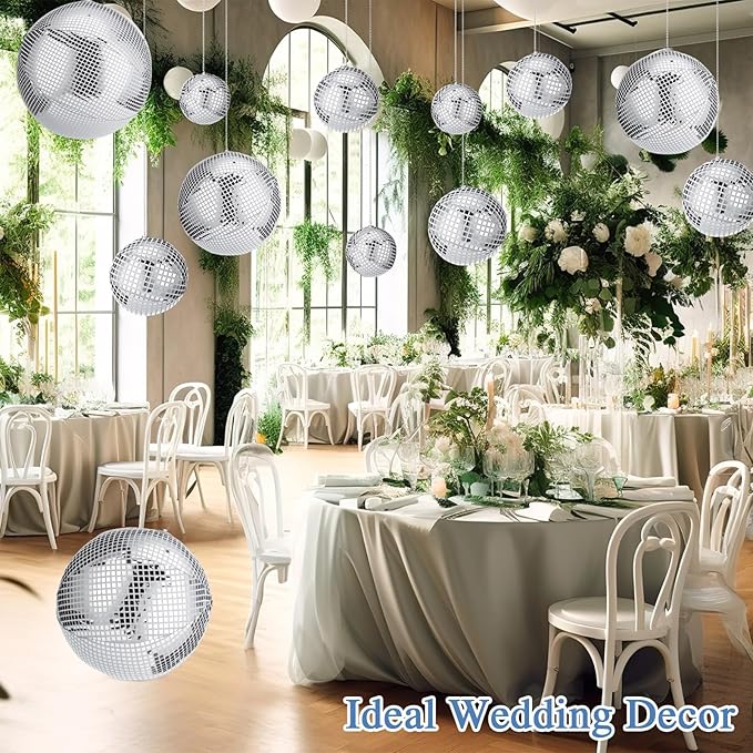 HyDren 12 Set Inflatable Disco Ball with Cover Foldable Hanging Mirror Disco Ornaments for Christmas Wedding Birthday Baby Shower Bachelorette Party Indoor Outdoor (16/12/8/6 Inch)
