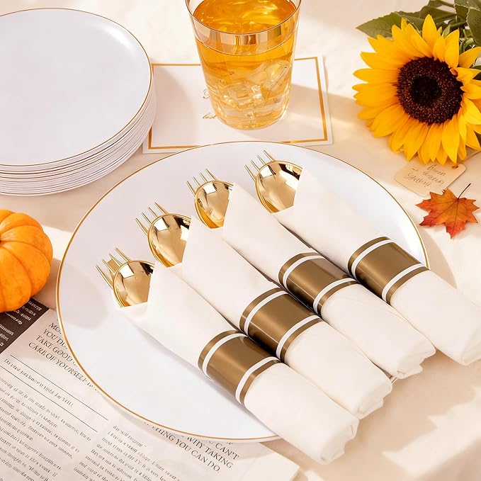 KIRE 350 PCS White and Gold Plates Disposable - Elegant Dinnerware Set of 50 Guest, White Plastic Plates With Gold Rim, Pre Rolled Napkins with Silverware & Cups for Thanksgiving Party/Wedding
