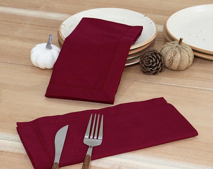 PurpleEssences Set of 12 Hemstitch Cloth Dinner Napkins 100% Cotton - Soft Durable Washable - Ideal for Wedding Christmas Holiday Winter - Perfect Everyday Use Table Linen 18x18 - Burgundy