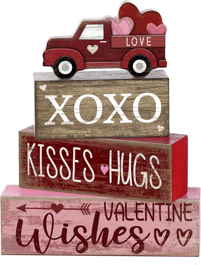 4 Pcs Valentine's Day Table Decoration Wooden Heart Truck Decor Valentine Tiered Tray Decor Valentine's Day Centerpiece Rustic Decorative Truck Block Sign Farmhouse for Home Kitchen Shelf