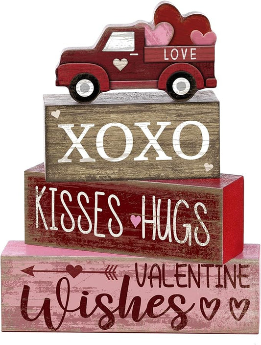 4 Pcs Valentine's Day Table Decoration Wooden Heart Truck Decor Valentine Tiered Tray Decor Valentine's Day Centerpiece Rustic Decorative Truck Block Sign Farmhouse for Home Kitchen Shelf