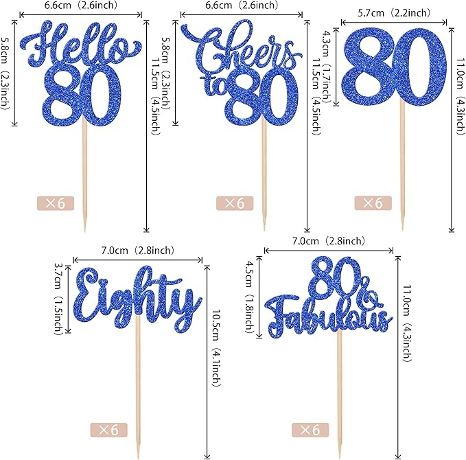 30PCS Happy 80th Birthday Cupcake Toppers Glitter Eighty Cheers to 80 Years Old Birthday Cupcake Picks Hello 80 Fabulous Cake Decorations for Happy 80th Birthday Anniversary Party Supplies Blue