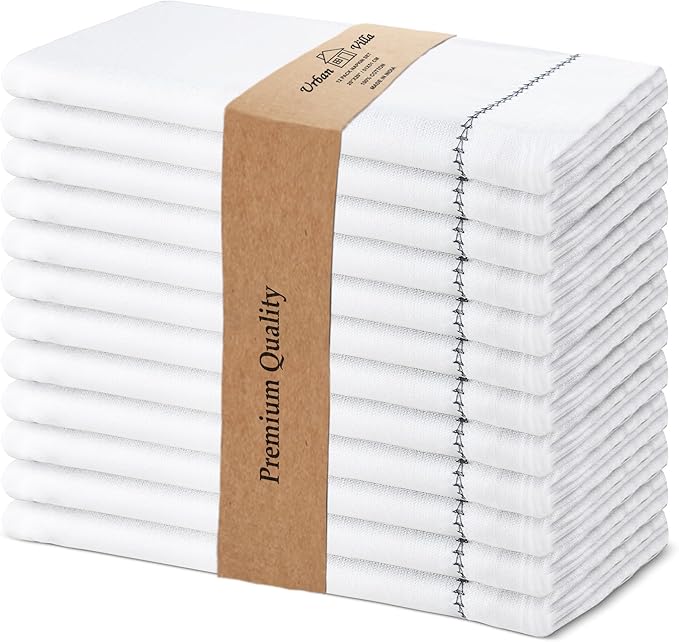 Urban Villa Cloth Napkin Set of 12 Hemstitch White Black 20x20 Inches Premium Soft Cotton Highly Absorbent Reusable & Washable Dinner Table Napkins for Home and Weddings