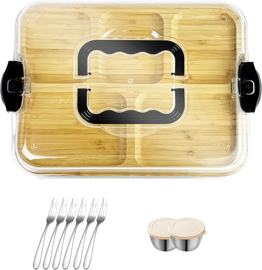 15×11" Charcuterie Boards with Lid, Bamboo Cheese Board Cutting Boards with Locking Clear Cover, Portable Serving Tray - 5 Compartments for Kitchen, Picnic, Party, Housewarming, Wedding Gift