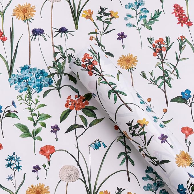 WRAPAHOLIC Kraft Wildflower Wrapping Paper - Mini Roll - 17 Inch x 16.5 Feet - Floral Wrapping Paper for for Wedding, Birthday, Bridal Shower, Tea Party