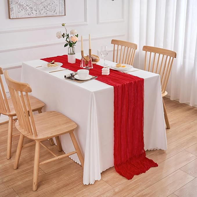 10 Pack Red Table Runner 120 Inch Cheesecloth Table Runner 10FT Rustic Boho Gauze Table Runner Long Cheese Cloth Table Runner Semi Sheer Runners for Wedding Bridal Baby Shower Party