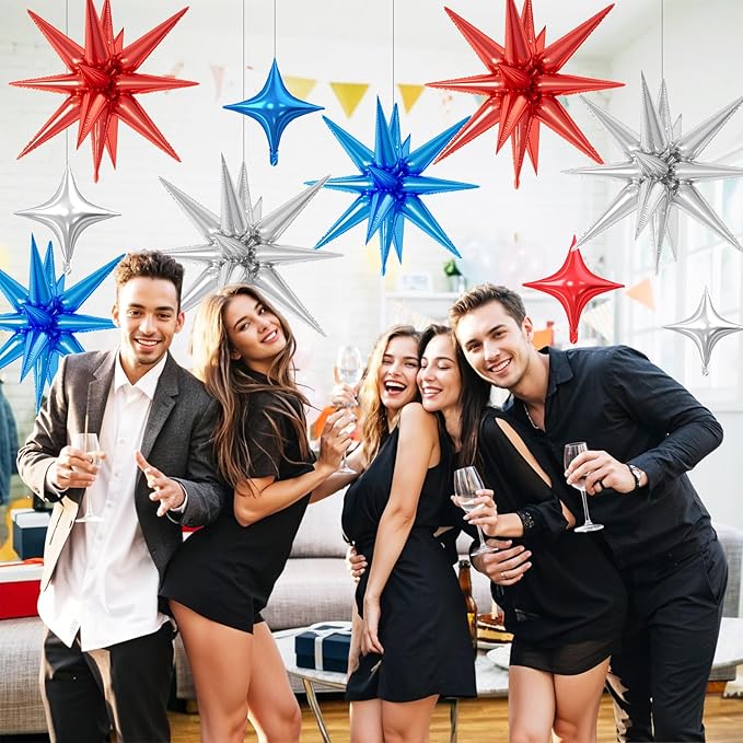18 Pcs Blue Red Star Balloons, Silver Red and Blue Balloon with 6 Pcs 22-Inch Explosion Star Balloons 12Pcs 10-Inch Four Pointed Stars Foil Balloon for Graduation Baby Shower Birthday Party Decor