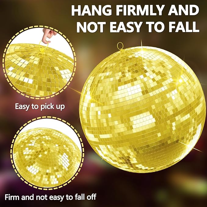 Disco Ball, 12/16/20 Inch Hanging Disco Ball, Mirror Ball for Party Decoration, Wedding, DJ Club, Stage, Birthday, Christmas, New Years Celebration (Golden, 12Inch)