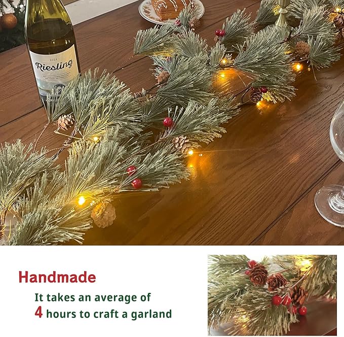 6.4 FT Artificial Cedar Garlands, Real Touch Winter Pine Garland with Red Berries, Green Greenery Garland for Table, Mantle, Wall, Indoor, Outdoor Christmas Decorations