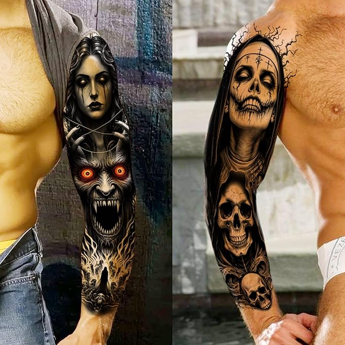 20 Sheets Black Gothic Full Arm Temporary Tattoos For Men Adults Thigh, Nun Girl Skull Skeleton Zeus God Jesus Christ Fake Sleeve Tattoos For Women, Scary Halloween Tattoo Stickers Demon Vampire