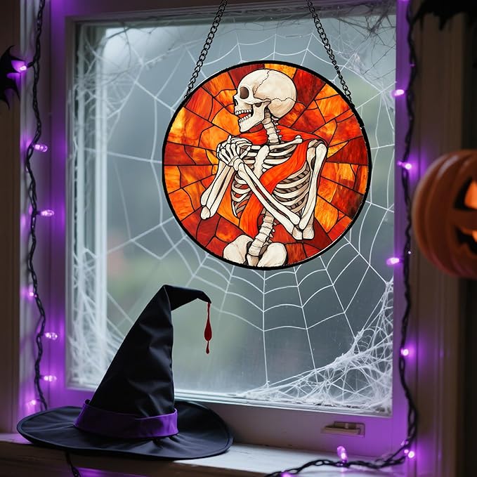 Stained Glass Window Hanging - Halloween Decorations Fear Skeleton Suncatcher for Doors Garden Indoor Spooky Funny Sun Catchers Gothic Decor Horror Gifts for Women Men Friend 9.8 in