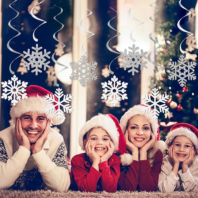 Snowflake-Snow White-Silver Christmas Party-Decoration Garland - 24PCS Frozen Winter Wonderland Ornaments Hanging Paper Streamers,New Years Birthday Holiday Classroom Ceiling Decor Burgleda