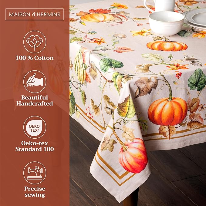 Maison d' Hermine Table Cloth Rectangle Table 100% Cotton 60 x 90 Inches Fall Tablecloth Reusable Everyday Use for Thanksgiving Christmas Decorations Dining Farmhouse Party (Potiron)