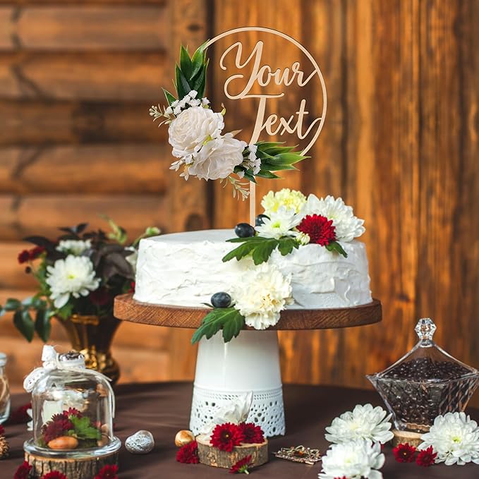 CustomText Wedding Cake Topper with 3D Artificial Flowers and Green Leaves Personalized Your Text Wooden Anniversary Engagement Cake Decoration