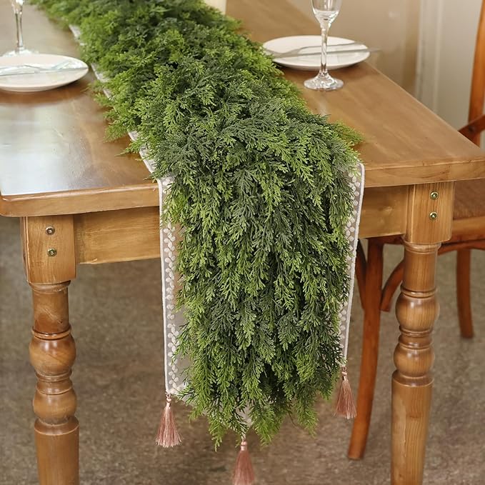 9FT Real Touch Cedar Garland - Artificial Christmas Garland Fake Green Faux Thick and Lush Pine Needles Garlands for Table Fireplace Mantle Holiday Home Indoor Outdoor Decor (2PCS)