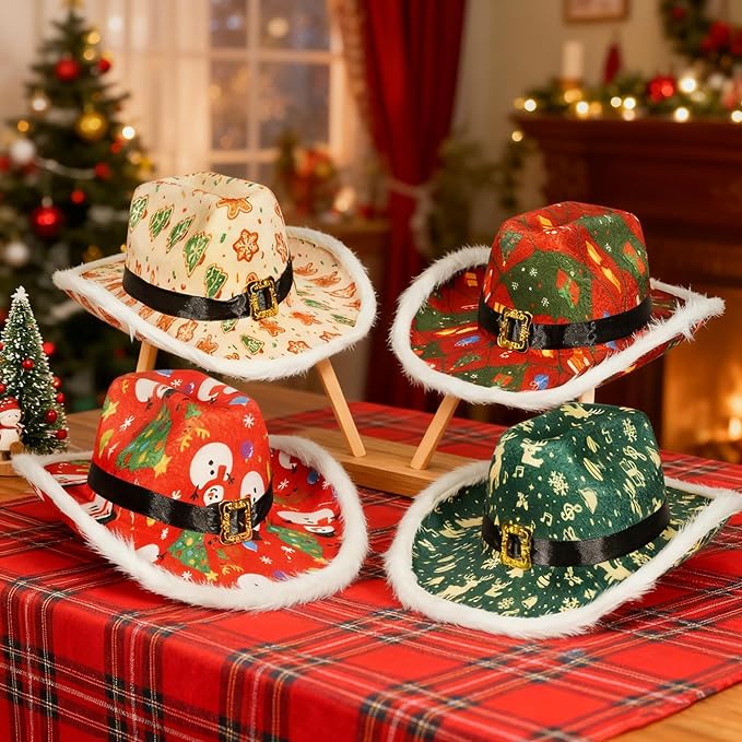 Christmas Cowgirl Santa Hat Wide Brim Felt with Feather and Belt Buckle Cowboy Fedora Hat Featuring Christmas Tree Snowman Reindeer Snowflake Multicolor