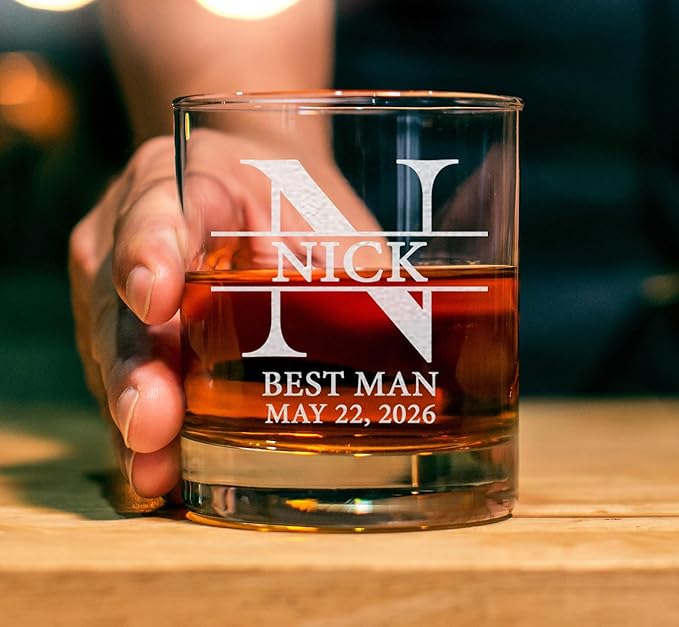 Set Of 4, Personalized Whiskey Glass For Groomsman Gifts, Best Man, Groom, 11oz Old Fashioned Custom Monogrammed Whiskey Glass