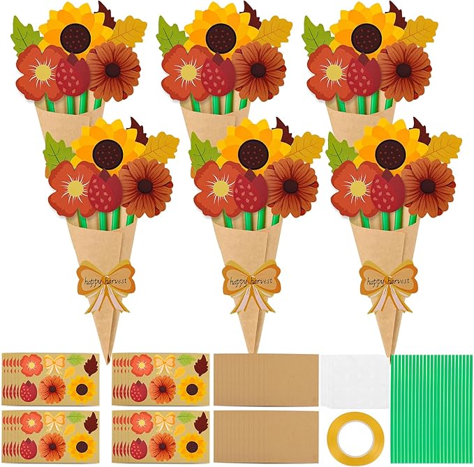 FOIMAS 24 Pack Fall Flower Bouquet Paper Craft Sunflower Fall Leaves Bouquet Make Your Own Bouquet Crafts for Fall Thanksgiving Craft Supply