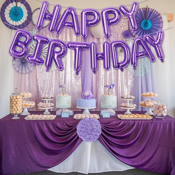Purple Happy Birthday Balloon Banner, 16 Inch Lilac Happy Birthday Bunting Banner with Letter Foil Balloons for Girl Women Princess Galaxy Magic Witch Glam Theme Birthday Party Decorations Supplies
