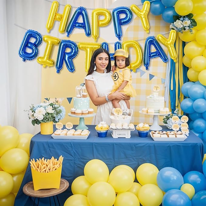 Blue and Yellow Happy Birthday Balloon Banner, 16 Inch Blue Gold Happy Birthday Bunting Banner Letter Foil Balloons for Boys Soccer Club Theme Cartoon Style Birthday Party Decorations Supplies