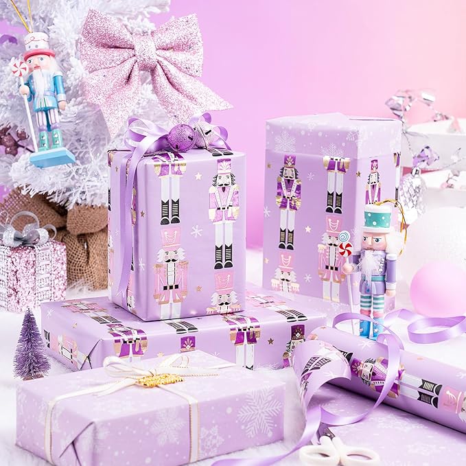 RUSPEPA Christmas Reversible Wrapping Paper Roll for Kids Girls, Mini Roll, Gold Foil Purple Nutcracker Soldier and Snowflakes Design, Ideal for Holiday Gifts, Christmas, 17 Inches x 32.8 Feet