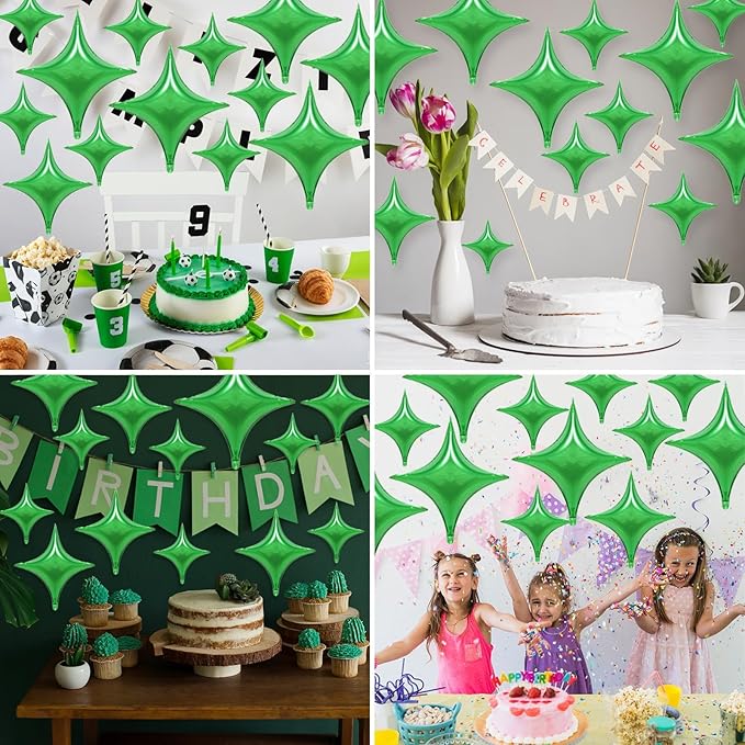 Green Balloons,12Pcs Four Angle Star Foil Balloons,26Inch and 10Inch Green Quadrangle Star Helium Balloon for Witch Birthday Anniversary Party Decorations