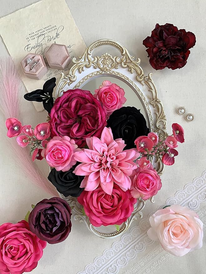 Roses Artificial Flowers Pink Fake Flower Bouquet for DIY Bridal Wedding Shower Decorations Party Table Centerpieces Cake Decorating Silk Floral Arrangement for Home Decor Indoor Fuchsia Black