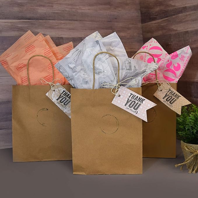 Prime Line Packaging Brown Paper Bags with Handles, Medium Kraft Gift Bags for Small Business, Shopping, Boutiques, Retail Store, Bulk, 10x5x13, 100 Pack