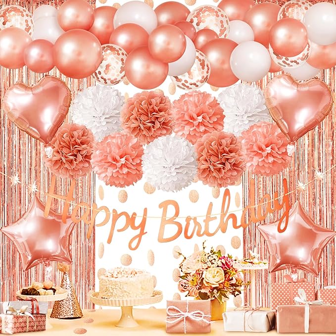ZERODECO Rose Gold Birthday Party Decorations, Happy Birthday Banner Rose Gold Fringe Curtain Paper Pompoms Foil Confetti Balloons for Women Girls Princess Party