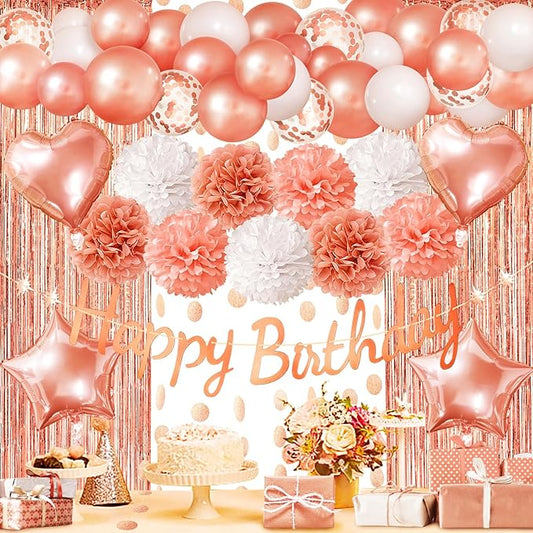 ZERODECO Rose Gold Birthday Party Decorations, Happy Birthday Banner Rose Gold Fringe Curtain Paper Pompoms Foil Confetti Balloons for Women Girls Princess Party