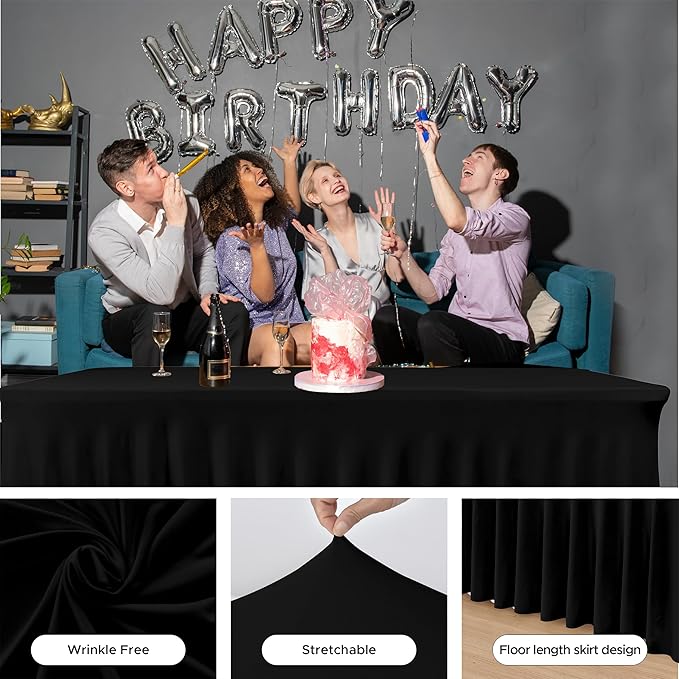 HolidayIdeas Black 4ft Rectangle Spandex Tablecloth 2 Pack Fitted Stretch Table Skirts 24x48 Inch, Ruffle Design Wrinkle-Free Polyester Table Cover for Banquets,Trade Shows, Parties, Events
