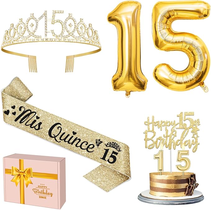 15th Birthday Decorations for Girls Gold with15th Birthday Crown and Sash, Candles and Cake Topper, Number Balloons, Sweet 15 Year Old Gifts for Girls