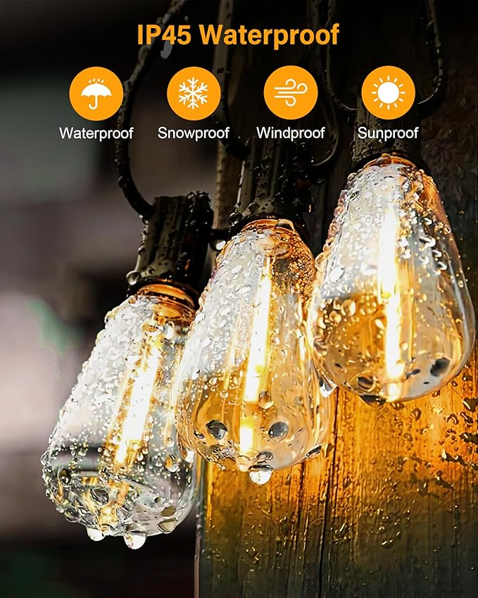 Outdoor String Lights Waterproof, 50FT Patio Lights with 26 ST38 Edison Bulbs (1 Sqare), Outside Hanging Decorative Lights for Porch, Blacony, Blackyard, Bistro, Garden, 2700K