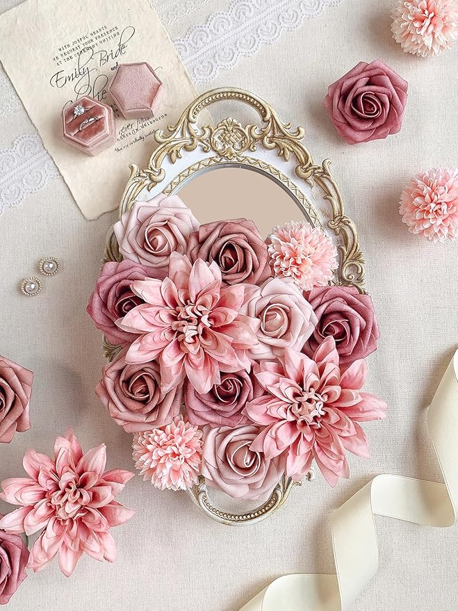 Dusty Roses Artificial Flowers Pink Fake Flower Bulk for DIY Wedding Bouquet Bridal Baby Shower Centerpiece Table Decorations Silk Faux Floral Arrangements for Party Home Decor Indoor