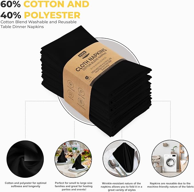 Utopia Kitchen Black Cloth Napkins [12 Pack, 20x20 Inch] Absorbent Cotton Blend Washable and Reusable for Dinner, Restaurant, Lunch, Wedding and Hotel