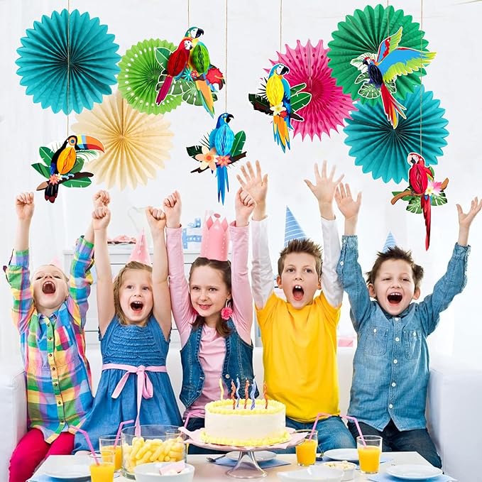 Tropical Parrot Party Decorations, Green Teal Jungle Theme Decorations for Summer Hawaiian Luau Tiki Party Supplies Hanging Tissue Paper Fans Honeycomb Balls Poms.