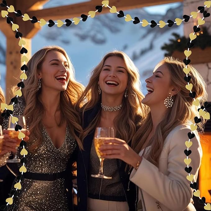 Black Gold Graduation Retirement Party Decorations: Metallic Glitter Heart Banner Garland Streamers Backdrop Confetti for Congratulations Birthday Wedding Anniversary New Year Décor - 52 Ft