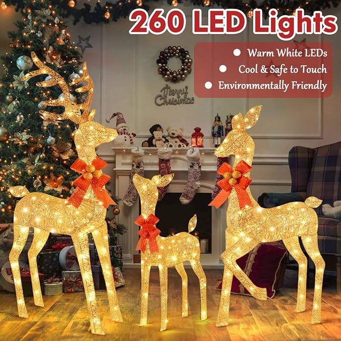3-Piece Reindeer Outdoor Christmas Decoration, 5FT Large Lighted Christmas Deer Family Set, Outside Xmas Yard Lawn Decorations with 260 Bright LED Lights, Stakes, Zip Ties - Gold