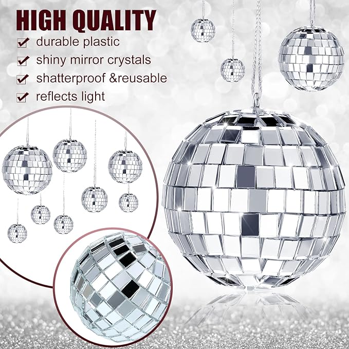 Mtlee 20Pcs Disco Balls Decoration Mirror Disco Ball for Christmas Tree Flies Assorted for Party Decor Hanging Mini Glass Different Size Reflective with Rope for DIY Wedding Music Prom Props