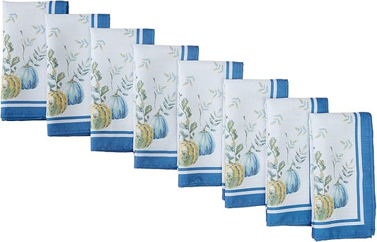 Home Bargains Plus Thanksgiving Contemporary Blue Pumpkin Fabric Napkins, Set of 8, Fall Harvest Easy Care Cloth Napkins