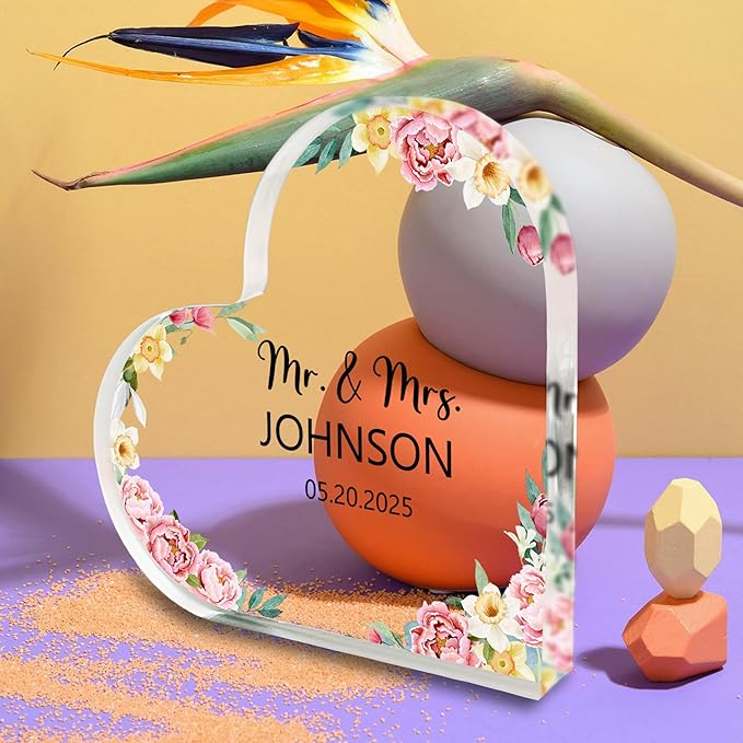 Custom Wedding Heart Acrylic Plaque,Mr & Mrs Cake Topper,Personalized Wedding Keepsake/Gift/Sign (Style 10)