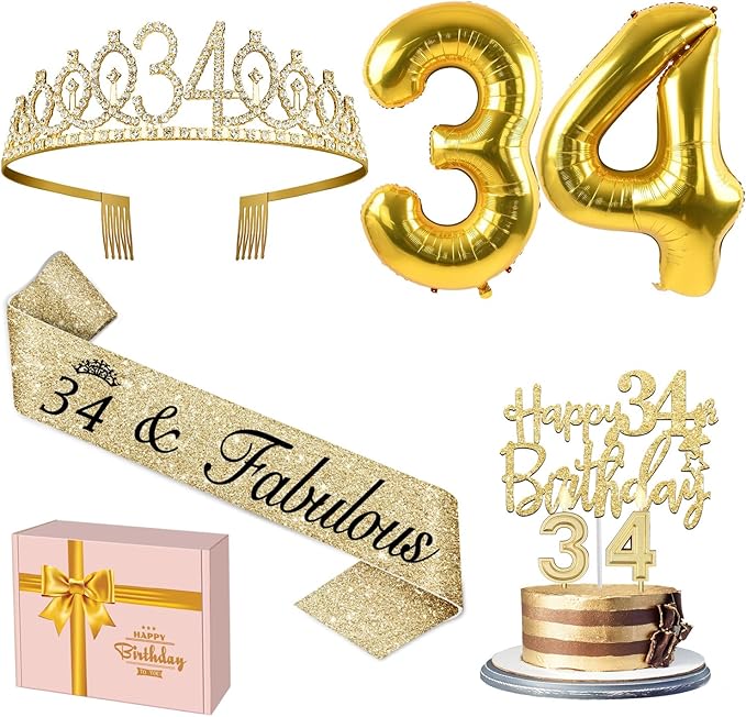 34th Birthday Decorations for Women Gold with 34th Birthday Sash and Crown, Cake Topper and Candles, Number Balloons, 34 Year Old Gifts for Women